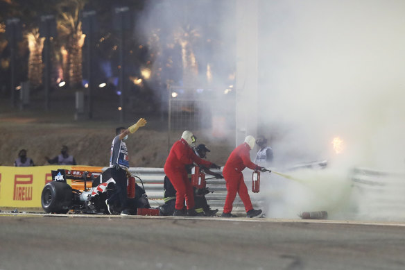 The aftermath of Romain Grosjean's crash at the Bahrain Grand Prix.