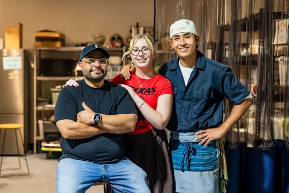 Eduardo Ortega junior, Amber Softley and Eduardo Ortega senior of El Taco Guru and Son.