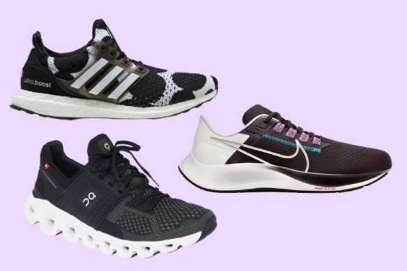 Clockwise from top left: Adidas Ultraboost DNA X Marimekko; Nike Aim Zoom Pegasus 38; and On Running Cloudswift Trainer. 