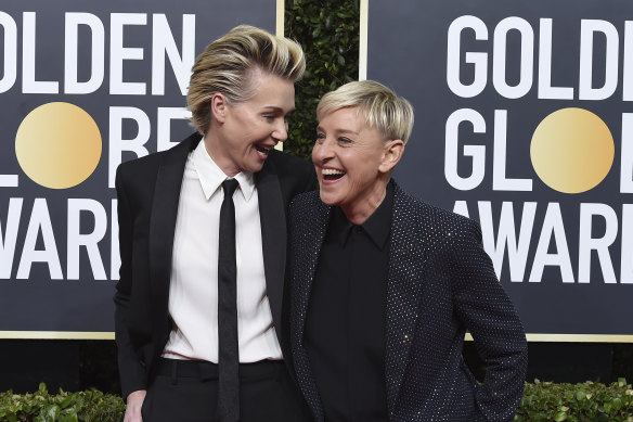 Portia de Rossi and Ellen DeGeneres arrive at the 77th annual Golden Globe Awards.