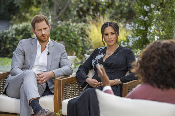 Prince Harry and Meghan, Duchess of Sussex, during their interview with Oprah Winfrey.