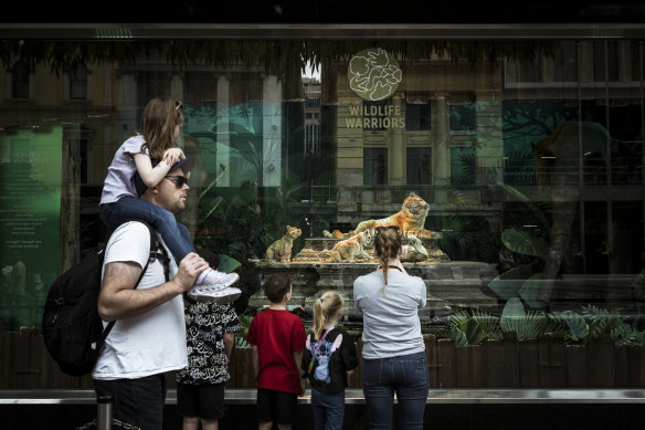A family enjoying this year’s Myer Christmas windows.