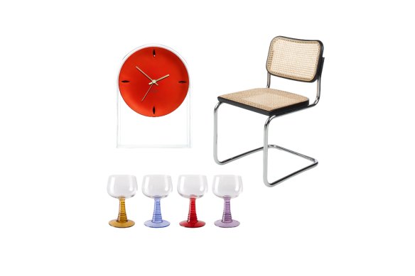 “Air du Temps” clock; “Swirl” wine glasses; “Cesca” chair.