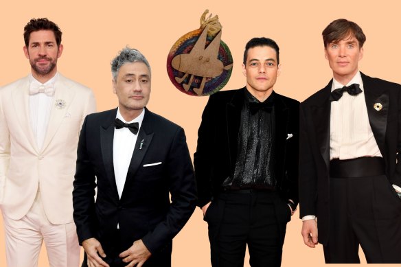 John Krasinski, Taika Waititi, Rami Malek and Cillian Murphy all sporting a brooch on the red carpet.