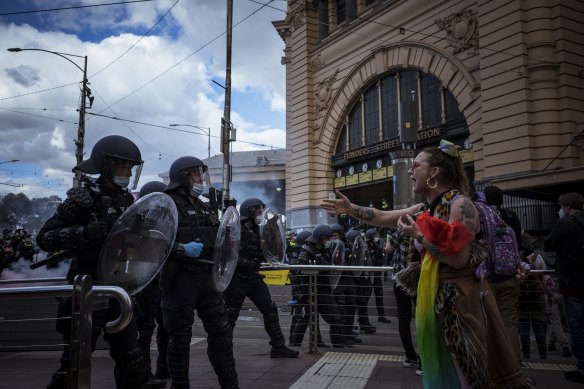 Police at Saturday’s lockdown protest near Flinders Street Station.