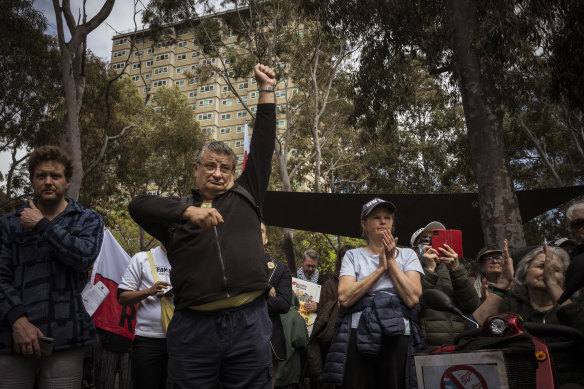Protesters rally in October against the proposed redevelopment of the 44 public housing towers in Melbourne.