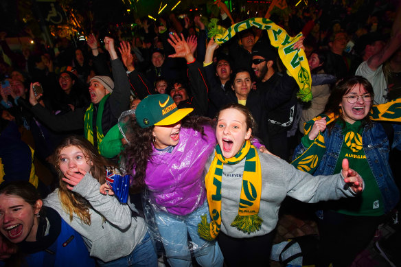 Matildas fans erupt in Federation Square, Melbourne.