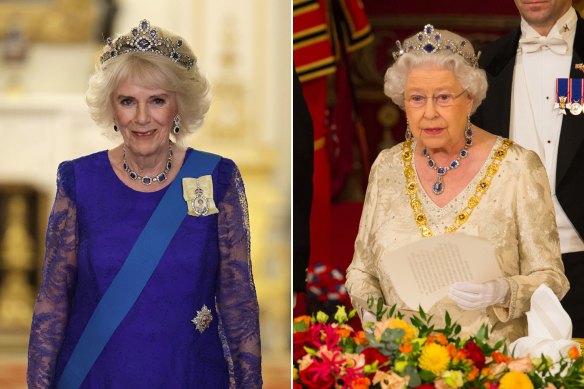 Queen Camilla wearing the sapphire tiara, necklace and earrings at a Buckingham Palace state banquet for South African President Cyril Ramaphosa. The tiara was last worn by Queen Elizabeth in public at a state banquet for Colombian President Juan Manuel Santos in 2016.