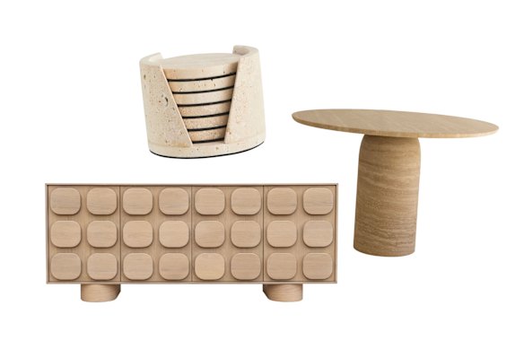 “Tansu” oak sideboard; “Chaya” coaster set; “Bay” dining table.  