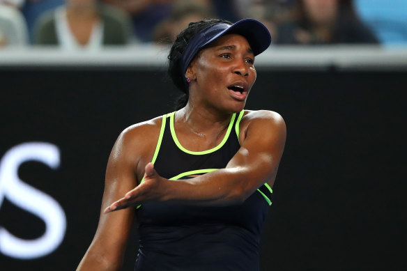 Venus Williams reacts during her clash with Coco Gauff.