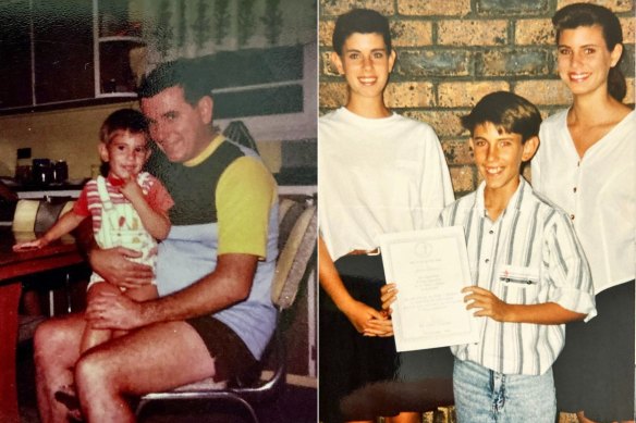 As a toddler with his dad Graham, a courier driver, and aged about 12 with sisters Jenni (left) and Chelley. 