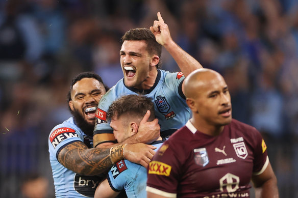 Nathan Cleary celebrates after scoring a try in game two in Perth.