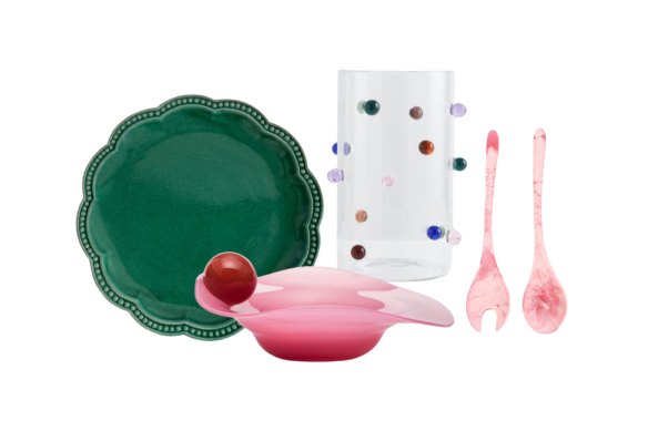 Dinner plate; “Bon Bon” bowl; “Pomponette” vase, $159; “Dew” salad servers.