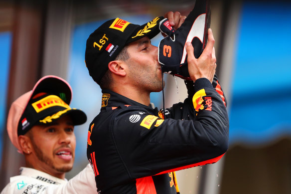 Daniel Ricciardo celebrated in the usual manner after winning the 2018 Monaco Grand Prix.