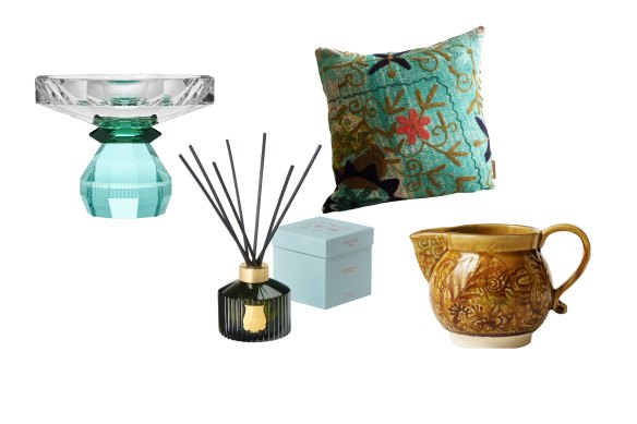 “Madison” crystal bowl; “The Great” diffuser; “Suzani” cushion; “Creamer” jug.  