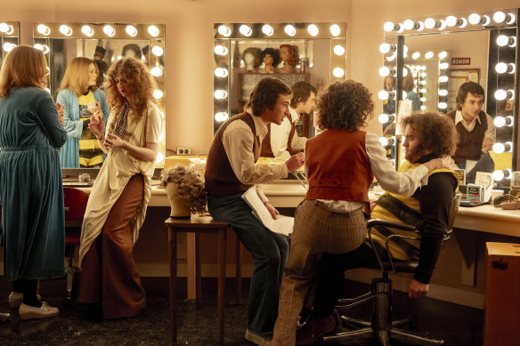 Kim Matula, as Jane Curtain, Emily Fairn, as Laraine Newman, Gabriel LaBelle, as Lorne Michaels, Rachel Sennott, as Rosie Shuster, and Matt Wood, as John Belushi in a scene from Saturday Night. 
