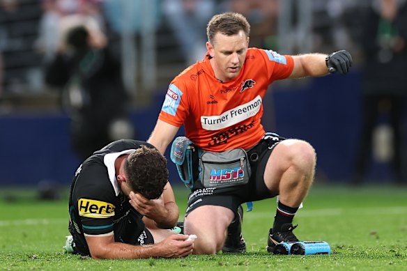 Nathan Cleary suffered a horror leg injury in Sunday’s preliminary final loss to Newcastle.