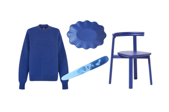 “Sonny Sama” sweater; “Scallop” platter; “Resin Stone” cheese knife; “Twill” chair.