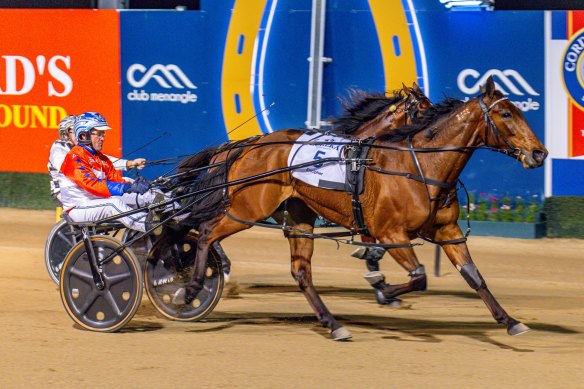 Encipher charges away from Leap To  Fame to win the Eureka at Menangle on Saturday.