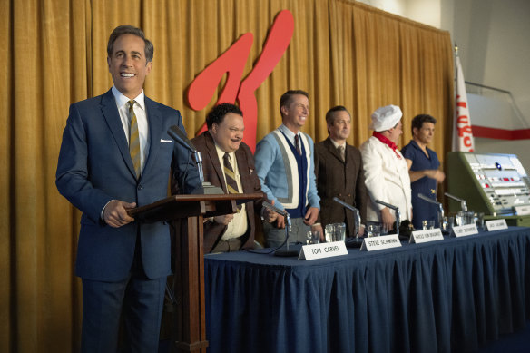 Jerry Seinfeld, Adrian Martinez, Jack McBrayer, Thomas Lennon, Bobby Moynihan and James Marsden in Unfrosted.