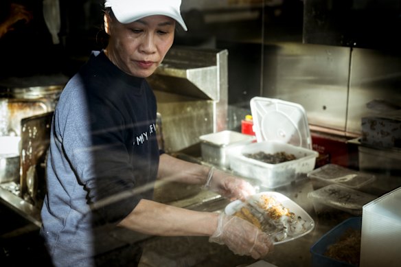 Rice rolls filled with pork are steamed to order at Xuan Anh Banh Cuon inside Footscray Market.