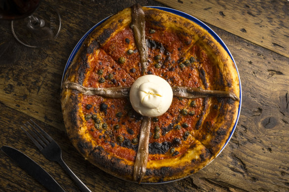 Burrata and anchovy pizza.