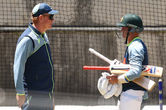 Australian coach Andrew McDonald working with Marnus Labuschagne in the nets on Tuesday.