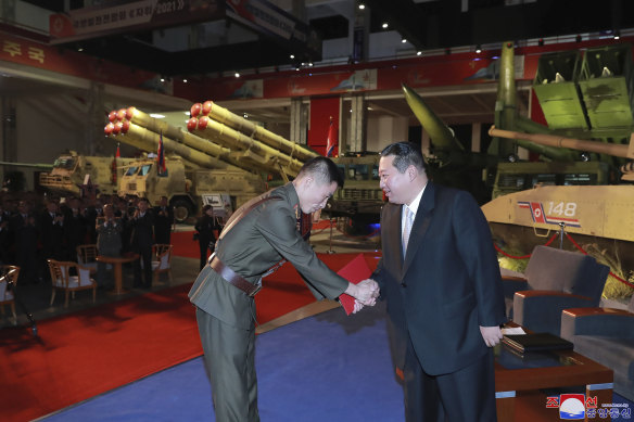 North Korean leader Kim Jong-un visits an exhibition of weapons systems in Pyongyang on Monday.