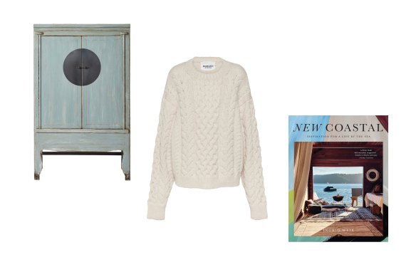 “Sansha Wedding” cabinet; “Jake” sweater; New Coastal: Inspiration for a Life by the Sea.  