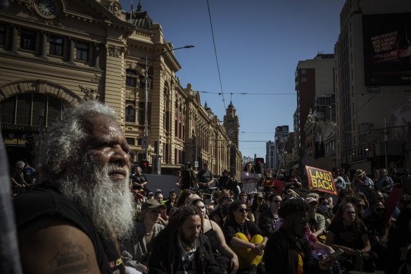 Uncle Charlie and around 500 supporters of Indigenous rights, rejecting a public holiday mourning the death of Queen Elizabeth II.