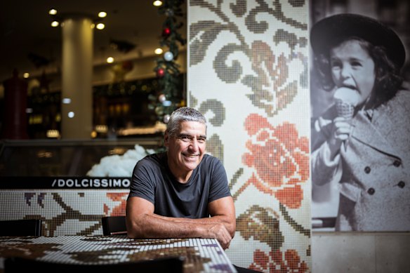 Brunetti Classico owner-operator Fabio Angele at his Carlton Cafe in Lygon Street. Lygon Street appears to be at a crossroads, with recent foot traffic data stabilising after years of decline pre-COVID-19.