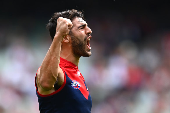 Christian Petracca roars after scoring in Melbourne’s win over Fremantle.