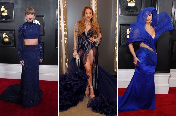 Blue was the hue for (from left) Taylor Swift, J.Lo and Cardi B. 