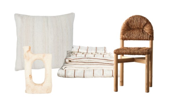 “Puna” floor cushion; “Zeli” terracotta ornament; Cultiver “Cedar Stripe” linen sheet set with pillowcases; “The Grace” dining chair.