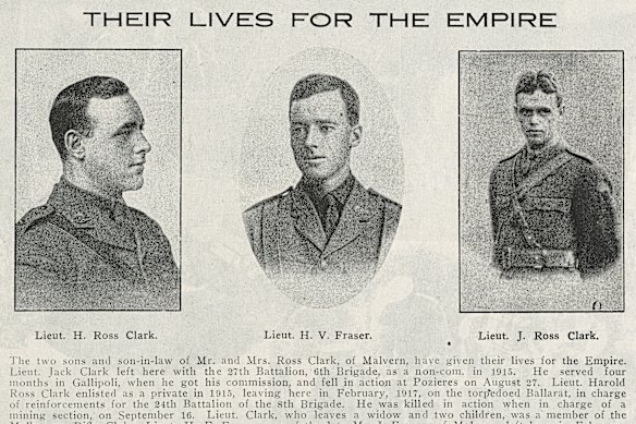 A 1918 newspaper report of the death of Harold Ross Clark, his brother, Jack, and their brother-in-law.