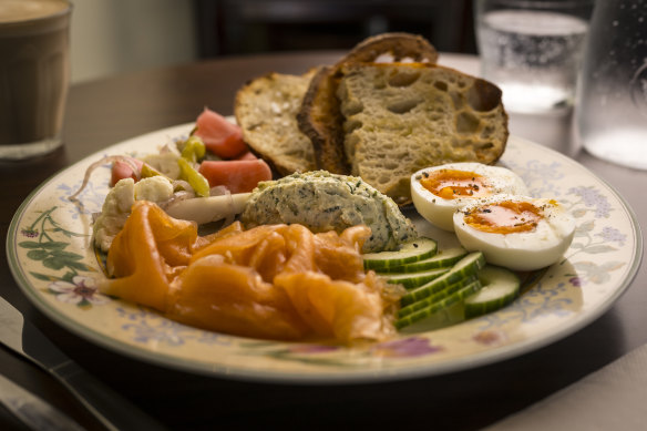 Lilijana’s “sea” plate with Danish cured salmon, ricotta dill spread, cucumber and jammy egg.