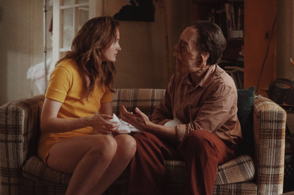 Renate Reinsve, who plays aspiring playwright Ingrid, and Adam Pearson, who plays Oswald – another character who suffers from neurofibromatosis – in <i>A Different Man</i>.