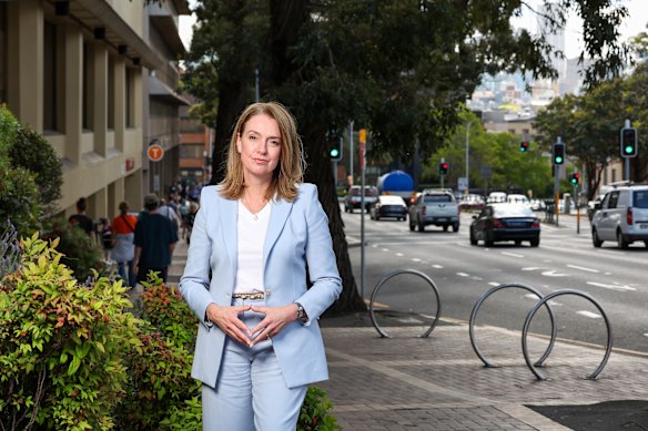 Newly installed NSW Liberal Party leader Kellie Sloane outside Edgecliff station in her Vaucluse electorate.