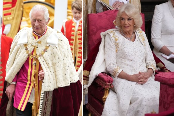 King Charles III in a custom tunic and overshirt arrives at his coronation; Queen Camilla in an ivory silk gown with gold and silver embroidery from British designer Bruce Oldfield.
