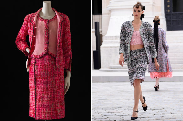 Timeless tweed ... a 1966 incarnation of the iconic Chanel suit (left), and at last week’s couture presentation in Paris.