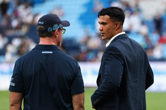 Waratahs star Joseph-Aukuso Suaalii has been spending time in the coaches’ box with Dan McKellar while he recovers from injury