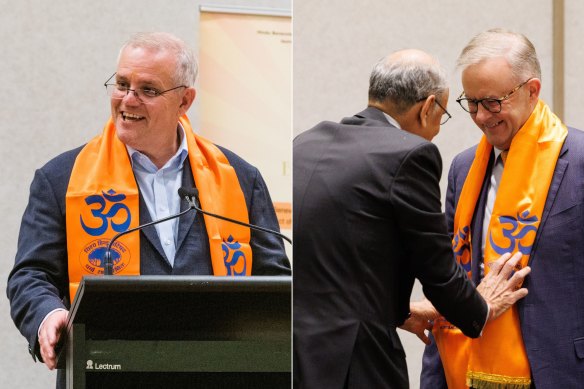 Scott Morrison and Anthony Albanese were keen to appeal to the Indian-Australian vote at the last federal election, both pictured here wearing a scarf of a controversial Hindu nationalist group.