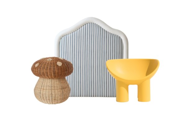 “Mushroom” basket; “LMC Petit” bedhead; “Roly Poly” chair.