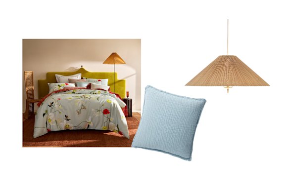 “Kiari” quilt cover; Cushion cover; “1972″ pendant light.  