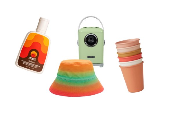 Sunscreen; “Paradise 24/7” bucket hat; projector; “Carter” cups.