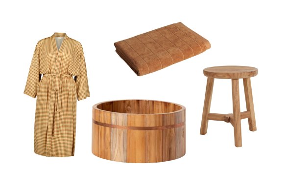 “Ula Ubi” robe; “Foot Therapy” soaking tub; “Madre” bath sheet; “Elec” stool.  