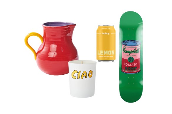 “Long Lunch” jug; “Ciao” candle; “Lemon” prebiotic drink; “Coloured Campbell’s Soup” deck.