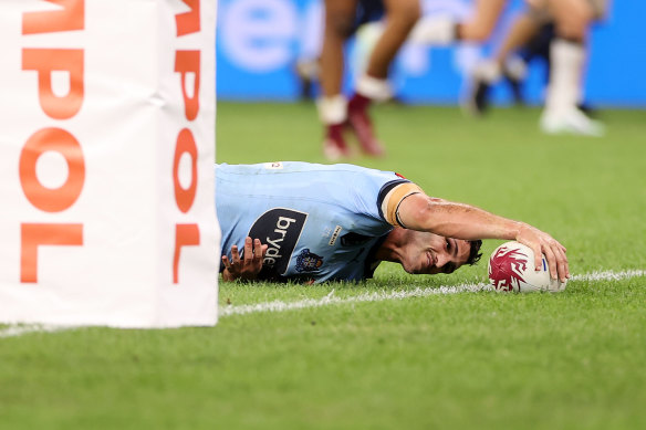 Cleary scores his first of two tries in Origin II.