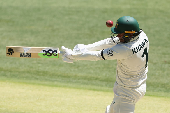 Usman Khawaja bats during day four of the Men’s First Test match between Australia and Pakistan on December 17. He has been charged by the ICC.