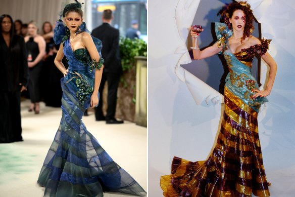 Zendaya at the Met Gala, 2024; and a fashion model sports a brown and golden evening gown with a light blue sash designed by John Galliano for Christian Dior at the Dior Spring-Summer 1999 Haute Couture fashion show.